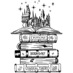 harry potter's hogwarts books stacked on top of each other with the words,