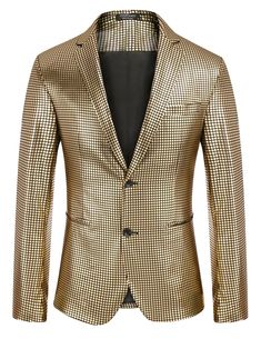 PRICES MAY VARY. Sparkle blazer ---- This men's casual blazer is made of high-quality materials, superb craftsmanship and gorgeous appearance which show your taste and personality. Stylish design ---- The bright colors, glowing fabric make up the rock 70s style suit jacket. This shiny blazer made by regular fit, peak lapels, two-button closure, two real pockets and one inside pocket. Easy Matching ---- This metallic jacket can be paired with a formal shirt, bow tie and dress pants for daily acti Gold Tailored Outerwear With Suit Collar, Gold Tailored Suit-collar Outerwear, Gold Fitted Blazer With Lapel Collar, Gold Single Breasted Blazer For Business, Gold Single-breasted Business Blazer, Gold Blazer With Suit Collar For Formal Occasions, Gold Blazer With Lapel Collar, Gold Tailored Single Breasted Blazer, Gold Single Breasted Blazer With Notch Lapel