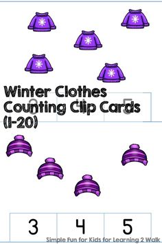 the winter clothes counting clip cards for kids to practice numbers 1 - 20, including hats