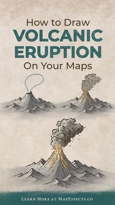 How to draw a volcanic eruption on your fantasy maps. New cartography tutorial. Volcano Map Drawing, What To Add To Your Fantasy Map, Fantasy Drawing Tutorial, Fantasy Map Volcano, How To Draw An Island, Art Maps Ideas, How To Draw A Volcano, Fantasy Map Sketch