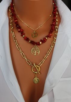 Title:  eye-catching red coral necklace set, unique broken natural stone choker, stylish design with coral and bronze chain, Want a different design? Contact us and we will design it for you... By combining our natural stones with chains and beads, we are happy to both add elegance to your elegance and produce a useful product for various problems YOUR ORDER IS CAREFULLY PREPARED FOR YOU, GIFT PACKED AND SHIPPED TO YOU...                         ABOUT NECKLACE Handmade product Gemstone: coral St Luxury Coral Necklace For Formal Occasions, Luxury Red Coral Necklace As Gift, Luxury Gold Necklace With Red Coral, Luxury Coral Bohemian Jewelry, Luxury Bohemian Coral Jewelry, Luxury Jewelry With Natural Stones And Red Coral, Luxury Bohemian Red Coral Necklaces, Luxury Jewelry With Red Coral And Natural Stones, Red Neckless