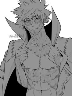 an anime character in black and white with no shirt on, holding his jacket over his chest