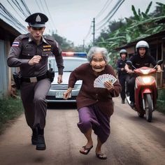 an elderly woman is running down the road with a police officer behind her and another person on a motorcycle