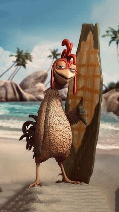 a cartoon chicken standing next to a surfboard on the beach