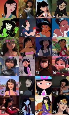 many different disney princesses are shown in the same image, and each has their own name