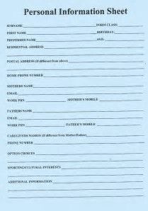 a blue sheet with the words personal information sheet