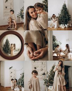 a collage of photos with two women and one child in front of a christmas tree