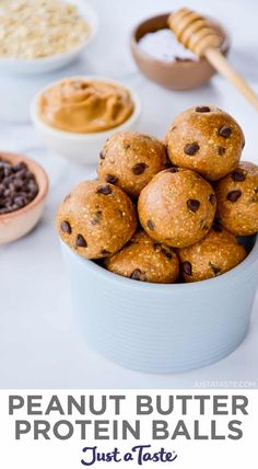 peanut butter protein balls in a bowl with chocolate chips