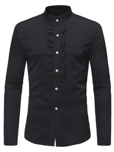 Mandarin Collar Ruffled Shirt - Black - 3272397016 - Men's Clothing, Men's Tops & T-Shirts, Men's Shirts  #MensShirts #Men's #Clothing # #Men's #Tops #& #TShirts # #Men's #Shirts Smart Casual Wardrobe, Slim Fit Mens Shirts, Stand Collar Shirt, Gothic Shirts, Wedding Shirts, Tuxedo Shirts, Ruffle Shirt, Slim Fit Trousers, Slim Fit Shirt