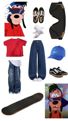 an assortment of clothing and accessories including shoes, hat, skateboard, baseball cap