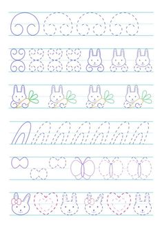 handwriting practice worksheet for children with animals and letters on lined paper, ready to be colored