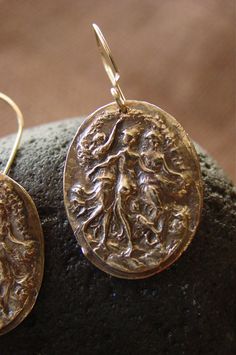 Three Graces Earrings by VisaVisJewelryLA on Etsy Antique Earrings With Historical Design, Ornate Bronze Earrings, Victorian Style Silver Earrings With Antique Finish, Victorian Gold Earrings With Antique Finish, Historical Bronze Brass Jewelry, Bronze Brass Jewelry With Historical Design, Antique Bronze Brass Earrings, Victorian Wedding Earrings With Antique Finish, Victorian Earrings With Antique Finish