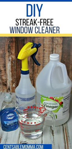 diy window cleaner and other cleaning supplies on a wooden table with text overlay