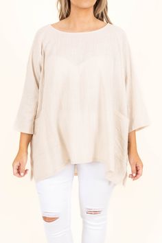 Don't think too much, you need this beauty in your wardrobe! The neutral sand beige color is just in time for the season! The functional pockets and lightweight design is great for a casual day out! We see this top paired with some skinnies or shorts for a classic chic look! 100% Cotton Beige Relaxed Blouse For Spring, Beige Cotton Tops With Pockets, Relaxed Beige Spring Tops, Casual Taupe Tops For Day Out, Beige Relaxed Fit Blouse For Layering, Versatile Cream Top For Day Out, Versatile Cream Tops For Day Out, Chic Khaki Tops With Pockets, Versatile Neutral Tops For Everyday