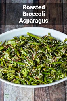 roasted broccoli asparagus in a white bowl