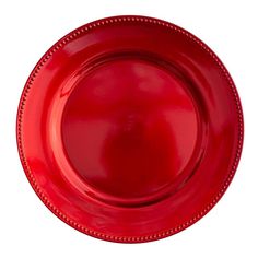 an empty red plate with beaded edges on a white background