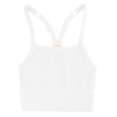 White adjustable crop top Ribbed Sports Tops With Tank Straps, Summer Sports Ribbed Activewear, White Sports Bra With Tank Straps And Seamless Construction, Medium Support Ribbed Racerback Activewear, Ribbed Racerback Sports Bra For Workout, Ribbed Tank Top With Tank Straps For Sports, Sports Ribbed Tank Top With Tank Straps, White Basic Tank Top For Workout, Ribbed Tank Top For Sports