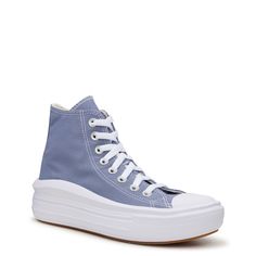 Stay on trend without compromising on comfort by lacing into these womens Converse Chuck Taylor All Star Move thunder daze/white gum (blue) casual sneakers. Fashioned with canvas upper these high-top kicks sport a round cap toe and lace-up closure. The All Star ankle patch at the medial side adds iconic vibes. Features include soft fabric lining, padded footbed with OrthoLite technology for superior cushioning and moisture management, and a durable rubber outsole with diamond-patterned tread. | High-top Cotton Sneakers For Spring, Comfortable High-top Sneakers For Spring, Trendy High-top Canvas Shoes With Gum Sole, Spring High-top Wedge Sneakers With Laces, Comfortable High-top Skate Shoes With Laces, Spring High-top Cotton Platform Sneakers, Comfortable High-top Platform Sneakers With Laces, Trendy Cotton High-top Sneakers With Vulcanized Sole, Trendy High-top Cotton Sneakers