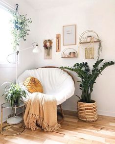 a living room with plants and pictures on the wall