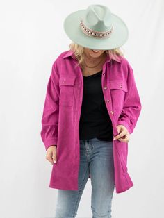 magenta shacket on model Oversize Jacket Outfit, Pink Button-up Shacket For Spring, Corduroy Button-up Shacket With Buttons, Oversized Pink Outerwear With Button Closure, Pink Button-up Shacket With Pockets, Pink Cotton Button-up Denim Jacket, Corduroy Shacket, Oversize Jacket, Pink Corduroy