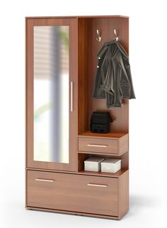 an image of a wooden wardrobe with mirror and coat hanger on it's door