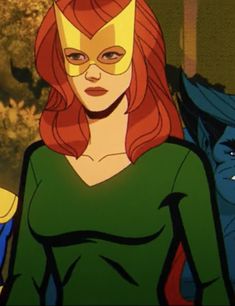 an animated image of a woman with red hair wearing a green shirt and yellow mask