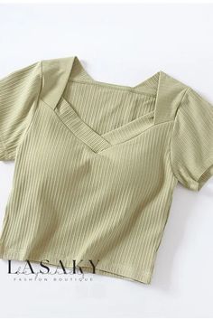 Lasaky - Stylish Womens Ribbed V-Neck Short-Sleeve Tee: Enhanced with Built-in High-Waist Cami for Elegant Layering Cheap Casual Mango Tops, Cheap Beige Forever 21 Tops, Khaki V-neck Top For Summer, Khaki V-neck Top For Spring, Green Ribbed V-neck Crop Top, Green V-neck Crop Top For Spring, Stretch V-neck Solid Color Crop Top, Stretch V-neck Crop Top Solid Color, Stretch V-neck Crop Top In Solid Color