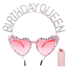 a pair of pink sunglasses with the words birthday queen on them and an apple in front of it