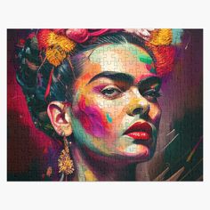 a puzzle with a woman's face painted in bright colors and flowers on her head