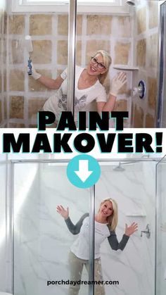 a woman standing in front of a shower with the words paint makeover on it