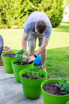 a man is tending to some plants in green buckets