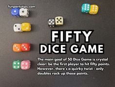 several dices with the words fifty dice game on them