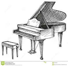 a drawing of a grand piano and stool