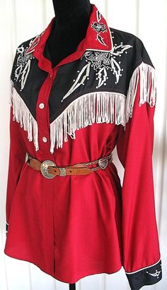 Joujou Vintage Western Women's Cowgirl Shirt, Rodeo Queen, Embroidered Designs & Fringe, Tag Size Large With Imperfections see Meas. Photo - Etsy Red Western Style Tops For Ranch, Vintage Tops For Western-themed Events, Vintage Red Tops For Rodeo, Vintage Embroidered Tops For Rodeo, Western Style Long Sleeve Tops For Festival, Covington Ga, Embroidered Designs, Rodeo Queen, Cowgirl Shirts