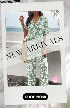 Fun Printed Button Pocket Long Sleeve Shirt and Elastic Waist Pants Set Green Short Sleeve Sets With Buttons, Casual Green Sets With Buttons, Spring Green Button-up Pants, Green Summer Sets With Button Closure, Elastic Waist Pants, Waist Pants, Fun Prints, Shoulder Sleeve, Half Sleeves