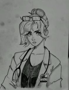 a drawing of a woman with headphones and a stethoscope in her hand