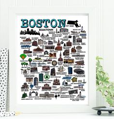 a white framed poster with the words boston on it