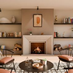 a living room filled with furniture and a fire place in the middle of a room