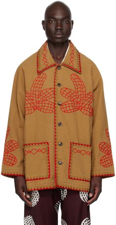 Cotton twill jacket. Embroidered graphic pattern and scalloped detailing throughout. · Spread collar · Button closure · Patch pockets · Raglan sleeves · Unlined Supplier color: Brown/Red Man Knitting, Cotton Twill Jacket, Most Stylish Men, Fashion Reference, Mens Kurta, Twill Jacket, Joshua Tree, Suede Jacket, Male Beauty