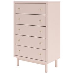 a white dresser with five drawers and two handles on the bottom, in front of a white background