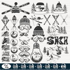 the ski and snowboard emblems are shown in black and white, with different designs