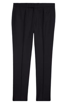 Elevate your formal or evening look with these tuxedo pants impeccably tailored from a refined wool-and-mohair blend and finished with satin side stripes. Zip fly with hook-and-bar tab closure Side-seam pockets; back welt pockets Cupro lining 84% wool, 16% mohair Dry clean Made in Turkey Designer Clothing Black Semi-formal Bottoms In Suiting Fabric, Black Semi-formal Dress Pants, Tailored Black Suit Trousers, Black Tailored Suit Trousers, Black Tailored Trousers Suit, Black Tuxedo Dress Pants For Business, Classic Black Dress Pants For Black-tie Events, Elegant Business Suiting Fabric Bottoms, Elegant Business Bottoms In Suiting Fabric