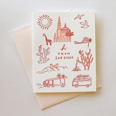 a greeting card with an illustration of san diego