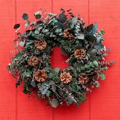 a wreath is hanging on the side of a red door with greenery and pine cones