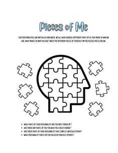 a puzzle piece with the words pieces of me on it and an image of a person's head