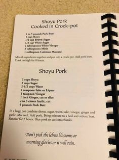 the menu for shoyu pork cooked in creek pot