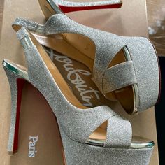 Never Worn, 2019 Heels, Size 38.5 Glamorous Heels With Red Sole And Round Toe, White Glitter Party Heels, Luxury Open Toe Glitter Heels, Luxury Glitter Open Toe Heels, Designer Sparkling High Heels, Luxury Glitter Heels With Round Toe, Designer Glitter Heels For Party, Glitter Pumps, Christian Louboutin Shoes