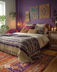 Purple Bedroom With Plants, Daria Bedroom, Dark Purple Walls Bedroom, Purple Guest Room, Purple And Green Bedroom Ideas, Purple Wall Bedroom, Purple Bedroom Wall, Purple And Green Bedroom