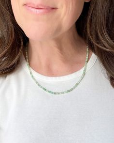 Enjoy the soft glowing colors of this chrysoprase beaded necklace. Small micro-faceted chrysoprase beads are hand-strung to create this simple yet eye-catching necklace. These petite gems display varying shades of green, creating an earthy elegance. Chrysoprase is an alternative birthstone for May. Designed as a part of our Birthstone Bar Collection, all of our birthstone charms will slip easily onto this slim necklace, allowing you to create your own unique piece. Add your birthstone or those o Green Aventurine Beaded Hand-strung Necklace, Green Necklaces With Tiny Beads For Everyday Wear, Everyday Green Necklaces With Tiny Beads, Green Single Strand Spiritual Beaded Necklace, Green Amazonite Round Beads Necklaces, Green Amazonite Single Strand Necklace, Green Hand-strung Crystal Necklaces For Healing, Green Hand-strung Crystal Necklace For Healing, Spiritual Green Amazonite Beaded Necklaces