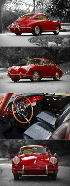 the interior and dashboard of an old red car